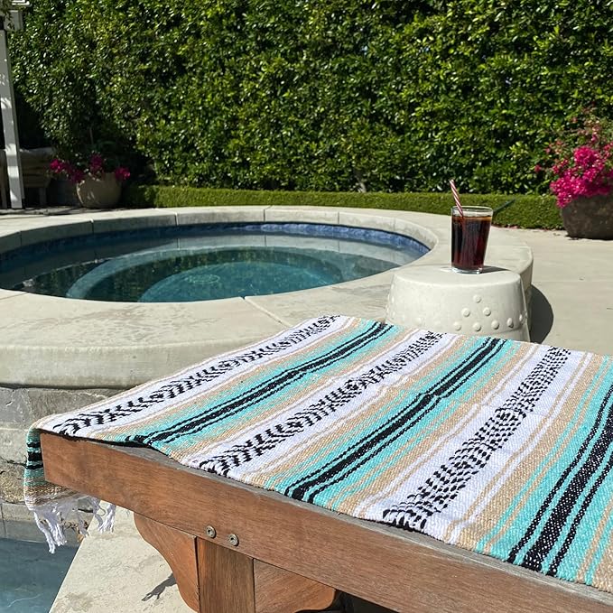 Del Mex Classic Mexican Blanket Large Authentic Woven Falsa Throw (70x50) Artisan Southwest Décor for Beach Yoga Outdoors (Mint/Tan)