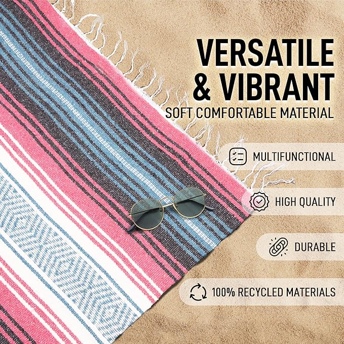 Hydration Nation Authentic Large Handwoven Mexican Striped Throw Blanket - Soft Durable Eco-Friendly - 70x50 - Azure