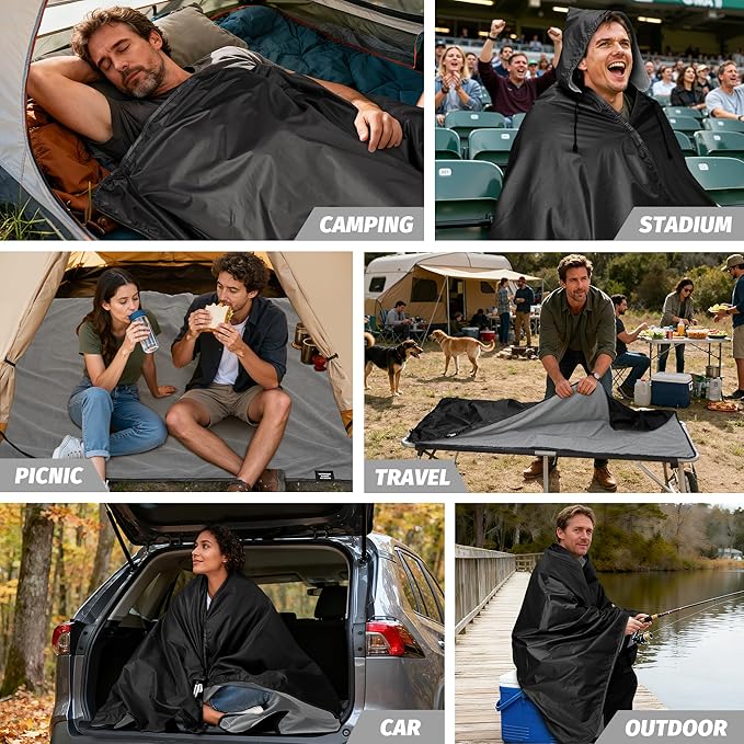 Fleece Waterproof Outdoor Blanket - Windproof Stadium Blanket for Camping Picnics and Sports Stay Dry and Comfortable 80x 58(Hoodeed Black)