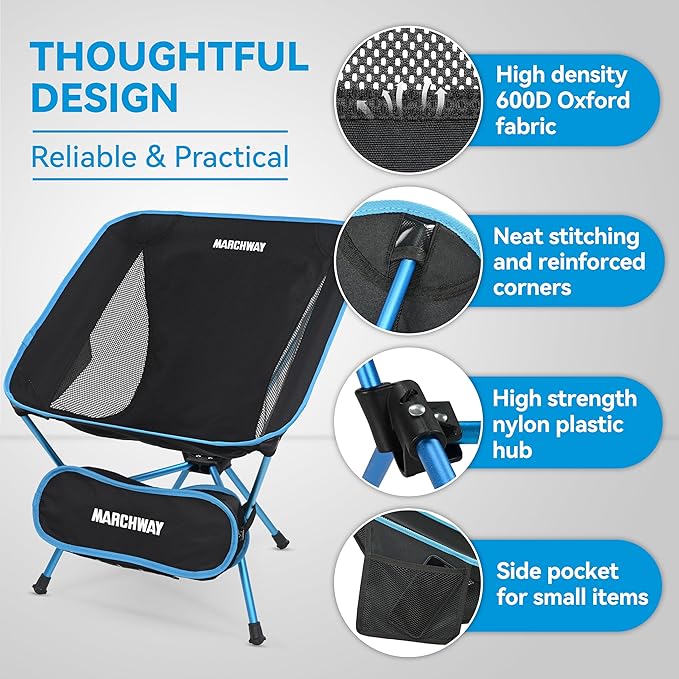MARCHWAY Lightweight Folding Camping Chair Portable Foldable Compact for Outdoor Camp Travel Beach Picnic Festival Hiking Backpacking Supports 330Lbs (Blue)