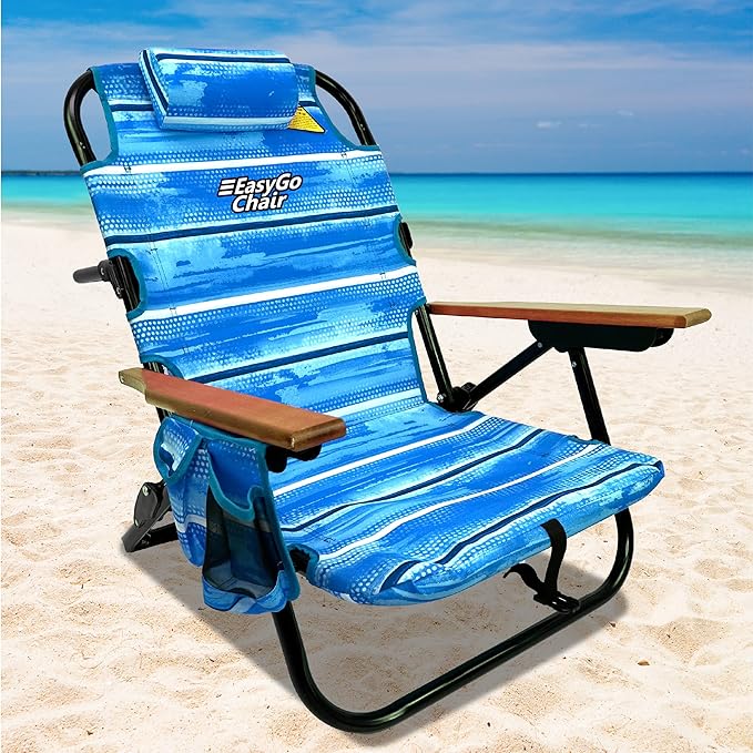 Tommy Bahama Backpack Chair-5 Positions and Cup Holder Pouch on Side-Padded Pillow-Storage Bag on Back – Lightweight Rustproof Aluminum – Black Frame 2 Pack Beach Blue