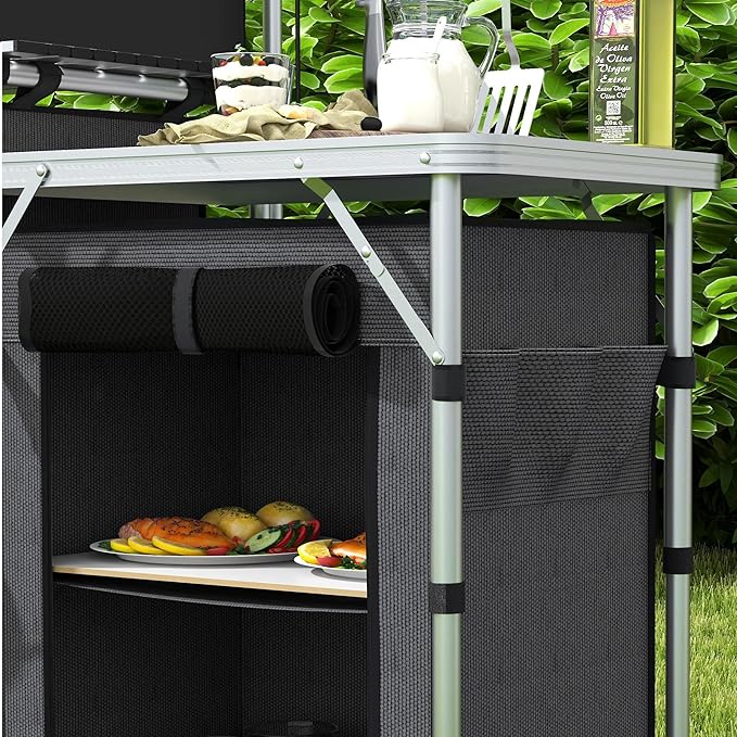 Outsunny Camping Kitchen Table Portable Folding Camp Kitchen Aluminum Cook Station with 3 Fabric Cupboards Windshield Carrying Bag for BBQ RV Picnic Black