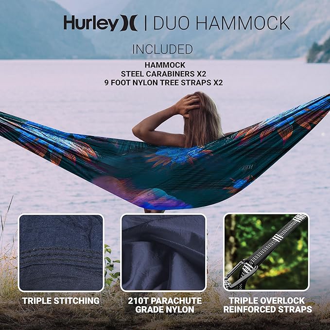 Hurley Duo Camping Hammock - 1 Person Portable Hammock for Camping Heavy Duty Hammock with Parachute Nylon Fabric - Camping Accessories &amp Camping Gear for Outdoor Activities - Holds Up to 400lbs