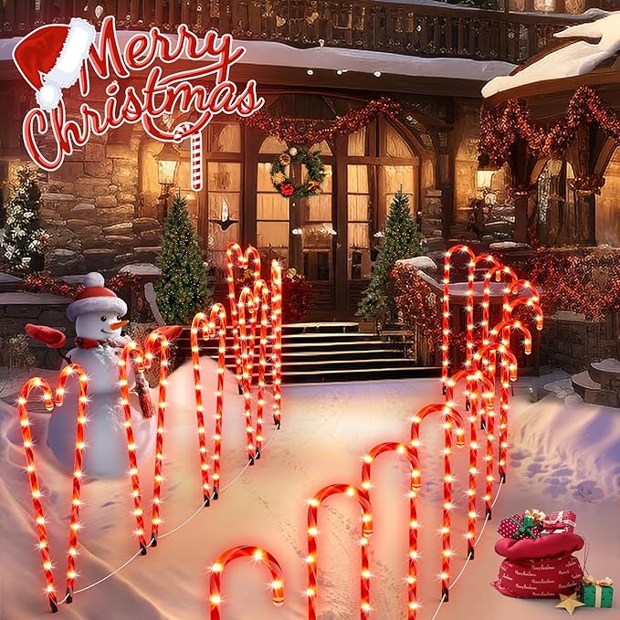 COOWUFAN 28 Christmas Candy Cane Pathway Markers Lights Set of 24 Pack Christmas Outdoor Decorations Waterproof Candy Cane Decor for Indoor Outside Yard Garden Patio Lawn