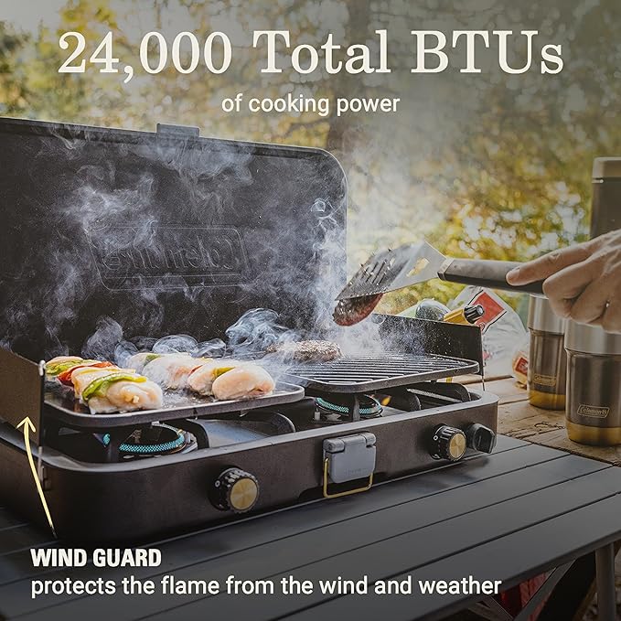 Coleman 1900 Collection 3-in-1 Propane Camping Stove Cast Iron Grill &amp Griddle Accessories Included 24000 BTUs Across 2 Adjustable Burners with Wind Guards &amp Matchless Lighting