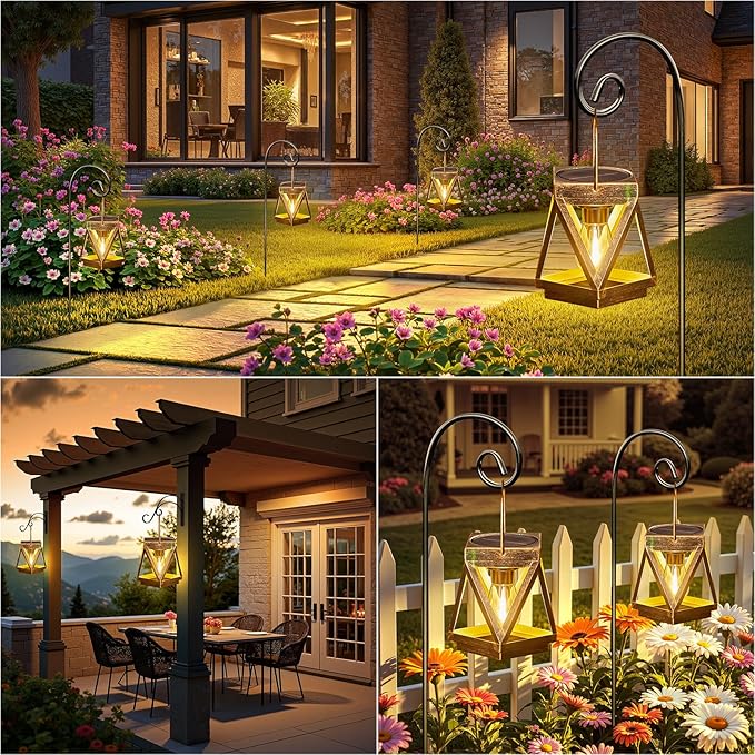 KOOPER Solar Lanterns Outdoor Waterproof 4 Pack Upgraded Metal Hanging Solar Lights Outdoor Lantern Decorative Bright Bronze Hanging Lanterns for Yard Patio Table Pathway Garden Decor
