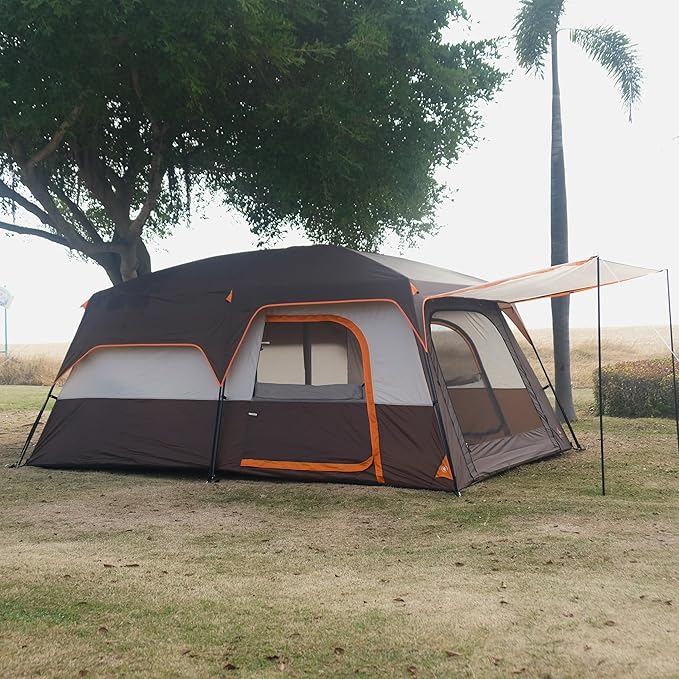 KTT Extra Large Tent 10-12-14 Person(Style-B)Family Cabin Tents2 Rooms3 Doors and 3 Windows with MeshStraight WallWaterproofDouble LayerBig Tent for OutdoorPicnicCampingFamily Gathering
