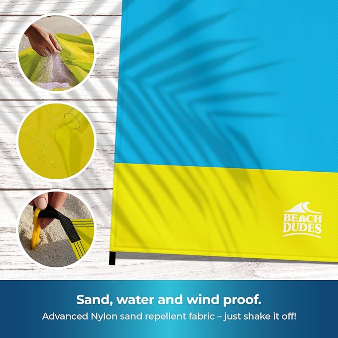 Sunny Day Oversized Beach Blanket - 108x84 XL Sandproof Water-Resistant Picnic Mat | Lightweight Ripstop Nylon for Travel &amp Camping | Includes 4 Stakes and Carry Bag