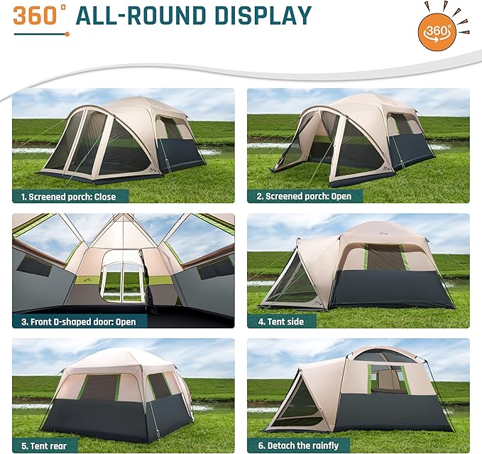 Tents for Camping 6/10 Person Camping Tent with Screen Porch Weatherproof Large Cabin Tent with Rainfly and Carry Bag Family Tent for Outdoor Camping and Backyard