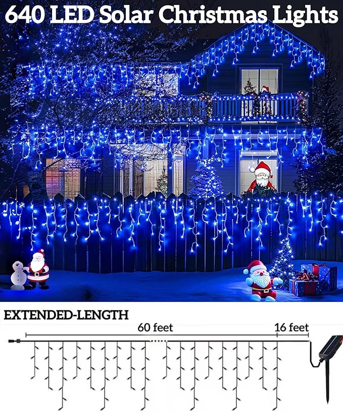 Solar Christmas Lights Outdoor 640LED 16Ft+60Ft Solar Icicle Lights Waterproof with 13 Modes Rechargeable for Outside Roof Fence Christmas Decorations