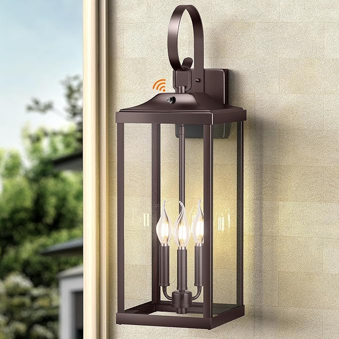 24 Extra Large Dusk to Dawn Outdoor Wall Light Oil Rubbed Bronze 3-Light Waterproof Exterior Wall Mount Porch Lantern Modern Outside Wall Sconce Coach Light Brown E12 1-Pack