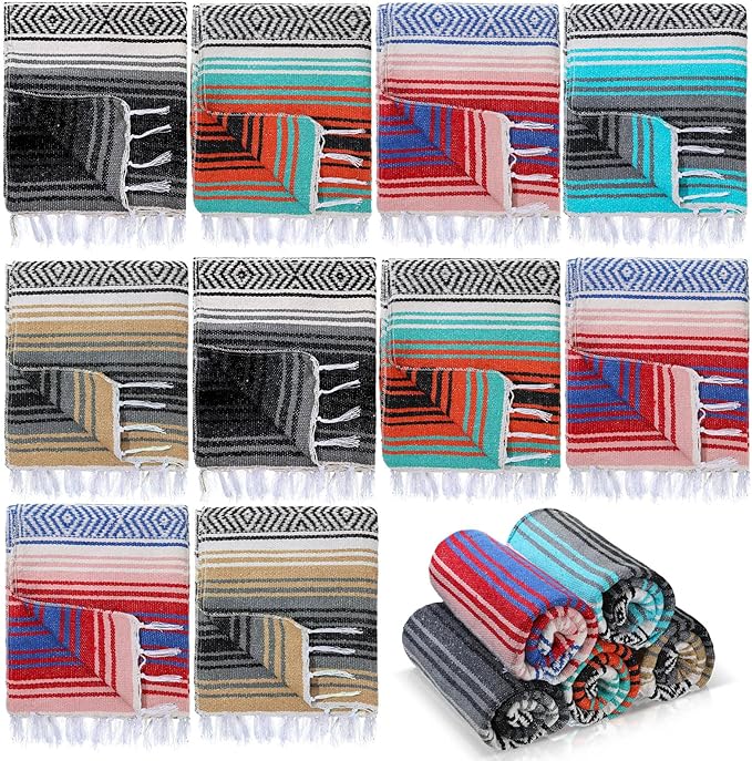 Preboun 10 Pieces Mexican Blanket Bulk Authentic Woven Yoga Blanket Large Picnic Camping Rug Colorful Striped Serape for Beach Outdoor Grass Car Home(Multi Color)