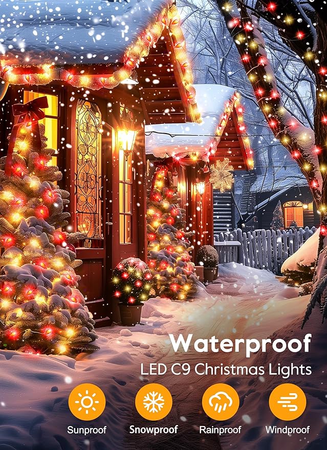 C9 Christmas Lights Outdoor Waterproof 114 Feet 150 LED C9 String Lights with Timer &amp 8 Light Mode Connectable Christmas Tree Lights for Indoor Outside Roofline Patio Decoration Red &amp Warm