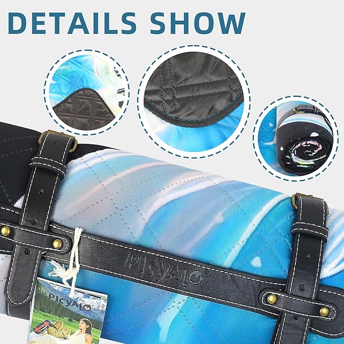 60x80” Double Thickened Picnic Blankets(150g High Density Cotton Stuffed) Jellyfish Pattern Outdoor Picnic Mat Portable Picnic Blanket Foldable with Leather Carry Strap Beach Blanket