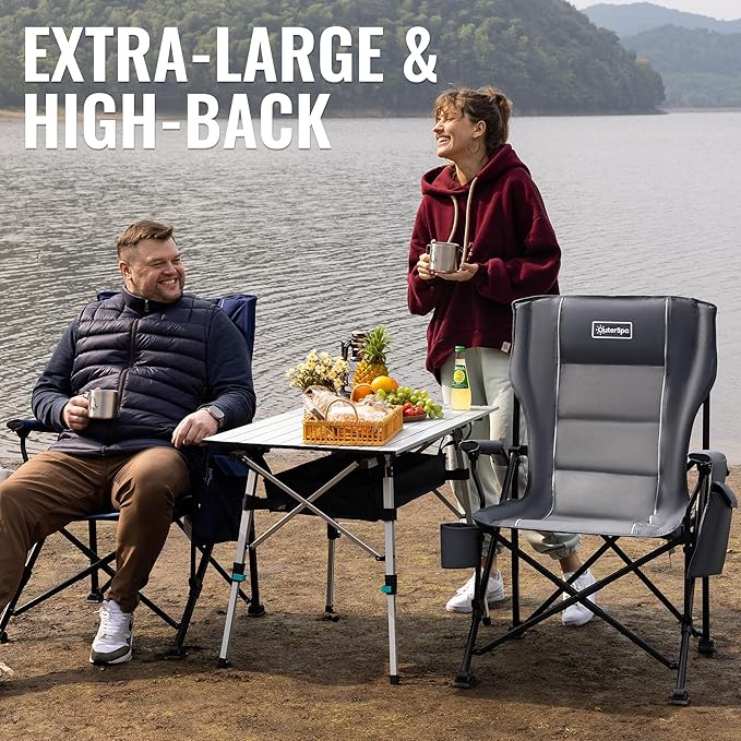 Oversized Folding Camping Chairs for Adults Heavy Duty Support 500lbs Big and Tall High Back Camping Chairs for Heavy People Padded Lawn Chairs Camp Chairs for PatioBeachCampLawnOutdoorGrey