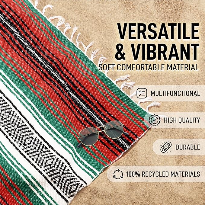 Hydration Nation Authentic Extra Large Mexican Blanket (70x50) - Handwoven Yoga Serape- Artisanal Falsa Beach Camping Picnic Outdoor - Storm Orange