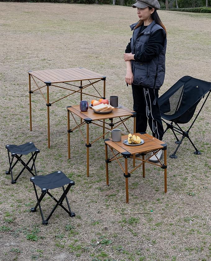 iClimb Lightweight Stable Alu. Folding Square Table Roll Up Top with Carry Bag for Camping Picnic Backyards BBQ Camp Kitchen (Nature L)