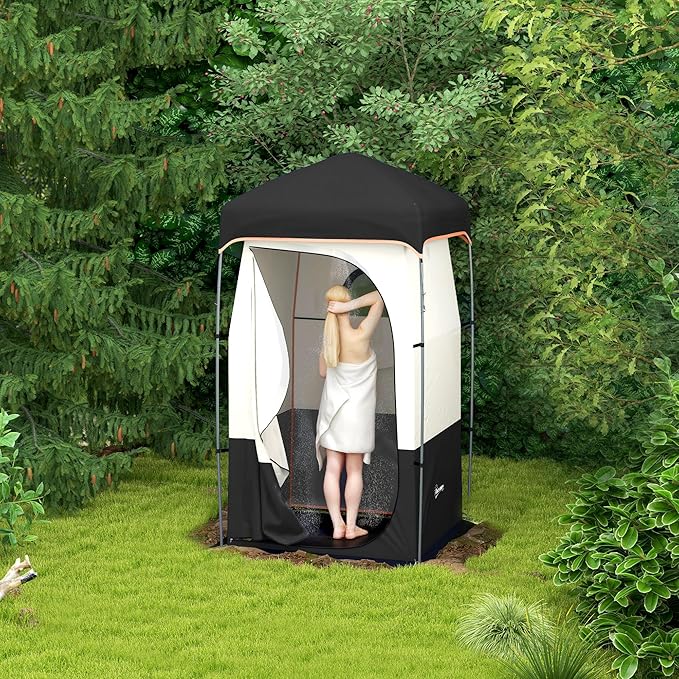 Outsunny Portable Shower Tent Privacy Shelter Camping Dressing Changing Tent Room with Solar Shower Bag Floor and Carrying Bag Black