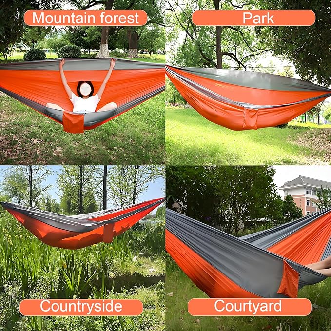 Camping HammockLightweight Nylon Parachute Hammock with Tree Straps and Carry BagEssential Equipment for Outdoor AdventuresCampingHiking and Other Activities(Silver Gray Mixed with Orange)