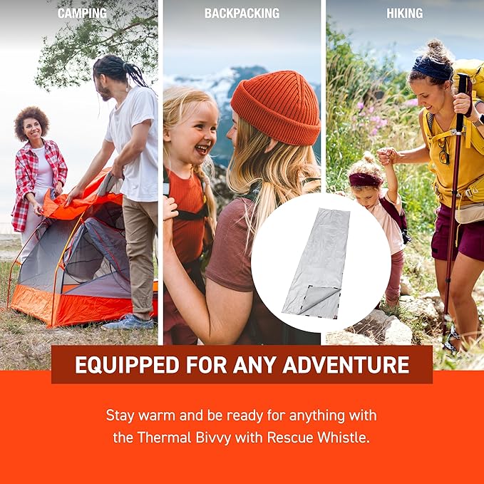 S.O.L. Survive Outdoors Longer SOL Thermal Bivvy w/Rescue Whistle - Reflects up to 80% Body Heat - Waterproof Emergency Blanket for Survival Gear - Silver