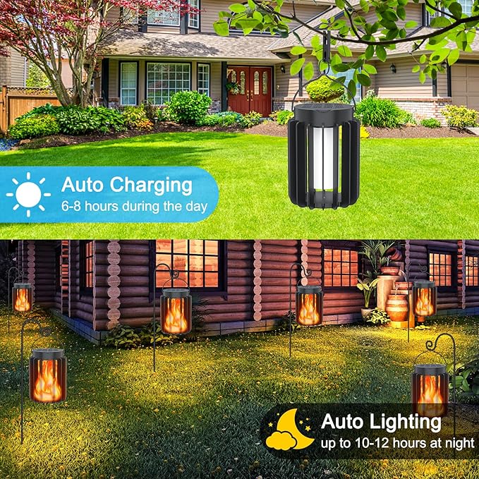 Solar Lantern Outdoor Lights 4 Pack Upgraded Flickering Flame Solar Lanterns Lights Outdoor Waterproof Hanging Lantern Decorative Solar Powered Lanterns for Yard Patio Path Garden Decor