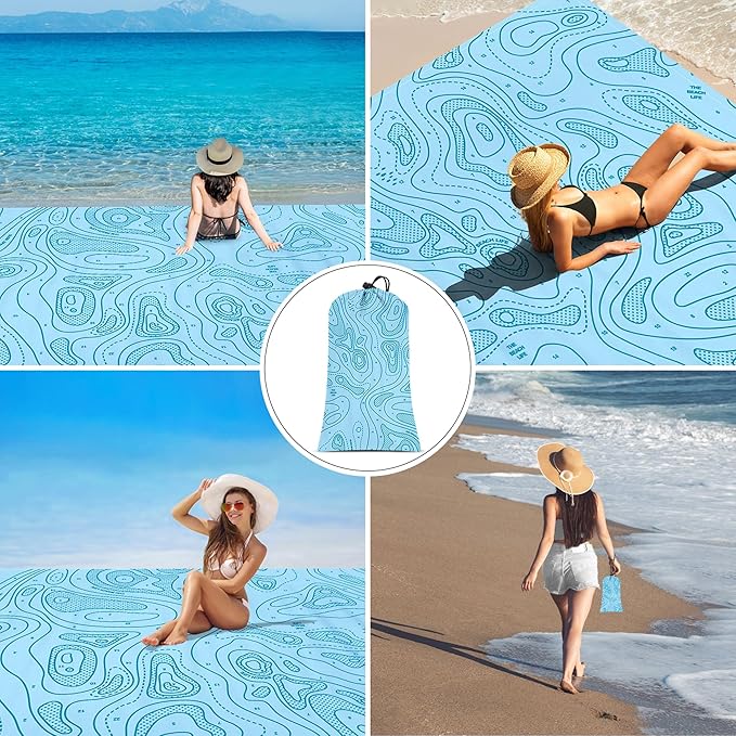Beach Blanket Waterproof Sandproof 78”x 86” Large Sand Free Beach Mat with 4 Stakes &amp Portable Bag Big Flodable Compact Outdoor Pockets Picnic Blanket