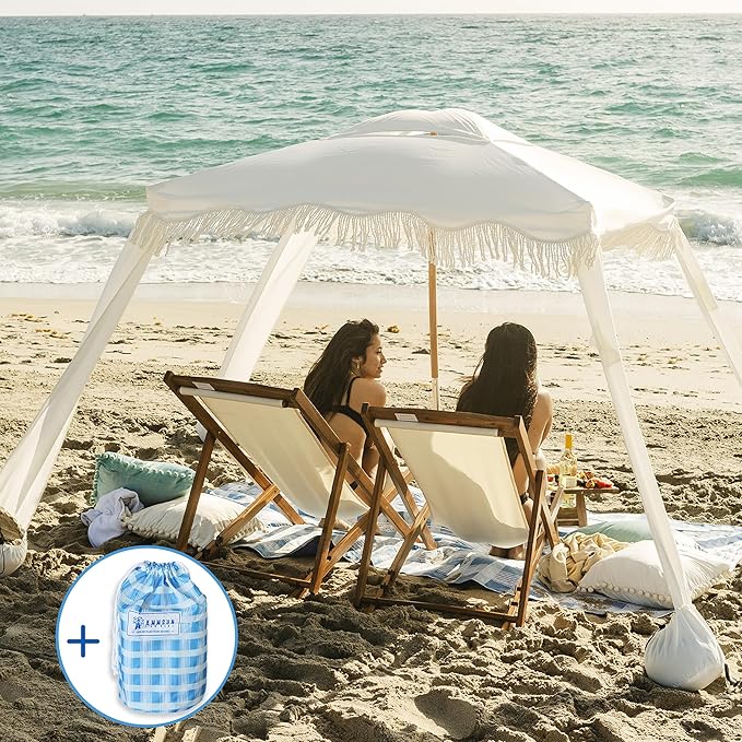 AMMSUN Beach Cabana with Beach Blanket 6.5' x 6.5' Boho Canopy with Tassels Premium Wood Pole Fringe Cabana Tent with Sand Pockets Instant Sun Shade for Sand Garden Outdoor Elegant White