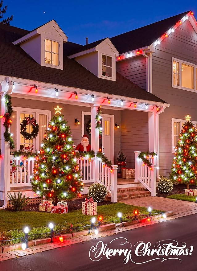 C9 LED Christmas Lights Outdoor 50 Feet String with 50 Shatterproof Matte Bulbs Connectable Waterproof Tree Lights for Holiday Roofline Backyard Garden Decor Red &amp Pure White
