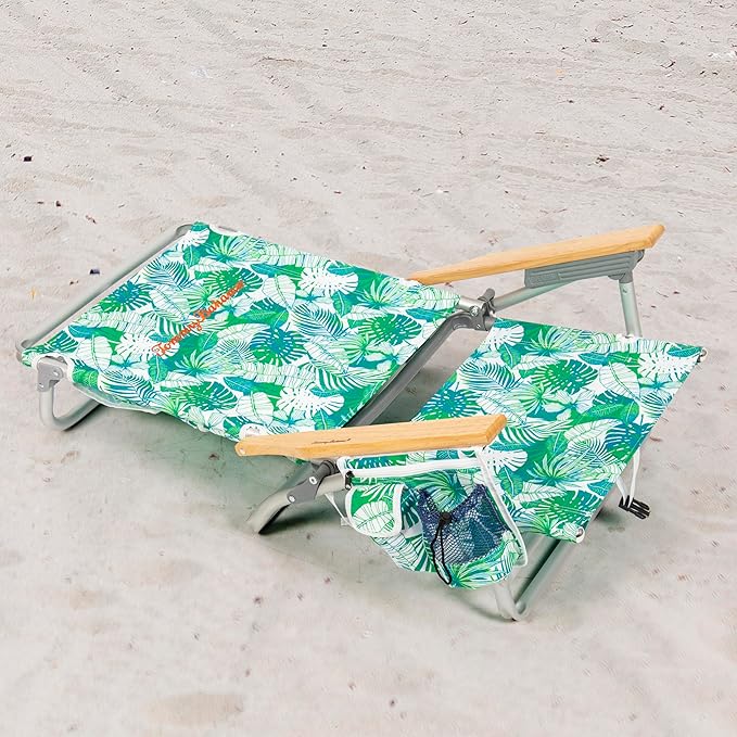 Tommy Bahama 5-Position Classic Lay Flat Backpack Beach Chair with Cooler and Cup Holder Portable Folding Beach Chair for Tanning Tropical Leaves