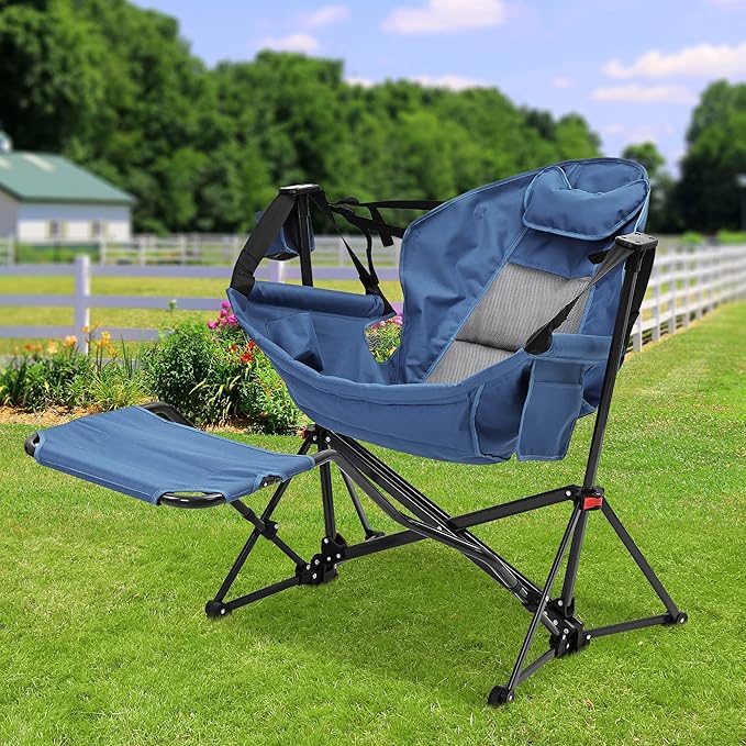 Ainfox Hammock Chair with Footrest Oversized Swinging Portable Folding Camping Chairs for Adults Outside Swinging Camp with Cup Holder Pillow for Outdoor Patio Lawn Dark Blue