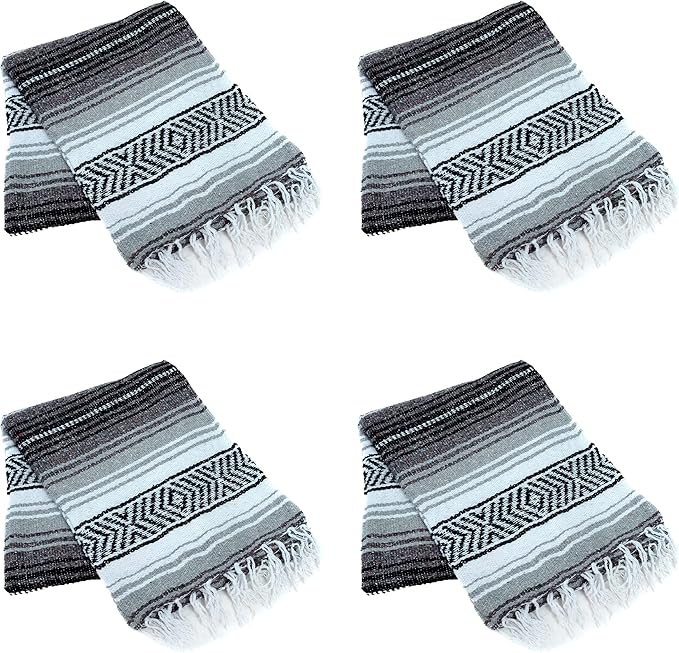 La Montana Mexican Blankets and Throws 4 Pack 74x50 - Made in Mexico Lightweight Yoga Blanket for Schools Studios Outdoors Camping Picnic Decor - Machine Washable Charcoal/Silver/White