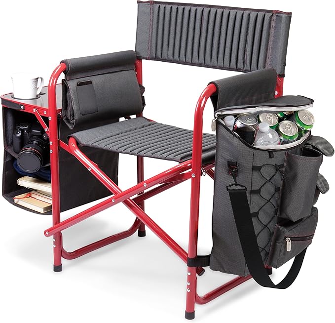 PICNIC TIME Fusion Camping Chair with Side Table and Soft Cooler Outdoor Foldable Padded Camping Chairs with Cup Holder for Lawn Beach &amp Sports Use for Adults (Dark Gray Red Accents)