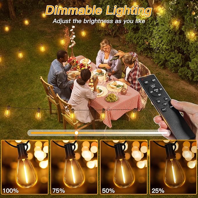 Ollny S11 Outdoor String Lights with Remote 30 FT 3 Modes Dimmable Timers Waterproof Connectable Patio Lights 15+1 LED Spare Bulb Dusk to Dawn Hanging Light for Indoor Porch Balcony Cafe (Pack of 2)