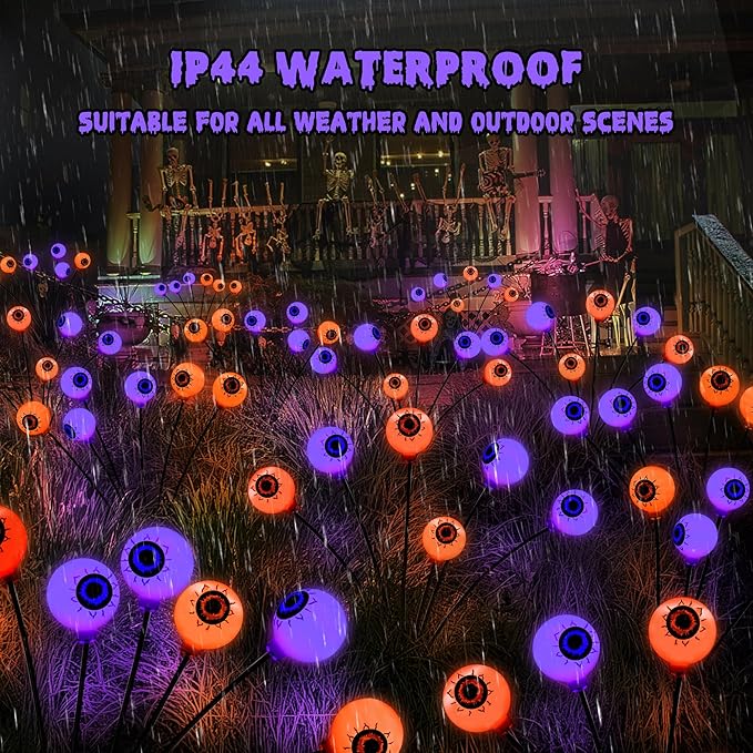 BrizLabs 6 Pack 36 LED Halloween Solar Eyeball Lights 2 Modes Outdoor Halloween Pathway Lights Solar Spooky Path Light Waterproof Swaying Firefly Lighting for Yard Garden Lawn Orange &amp Purple