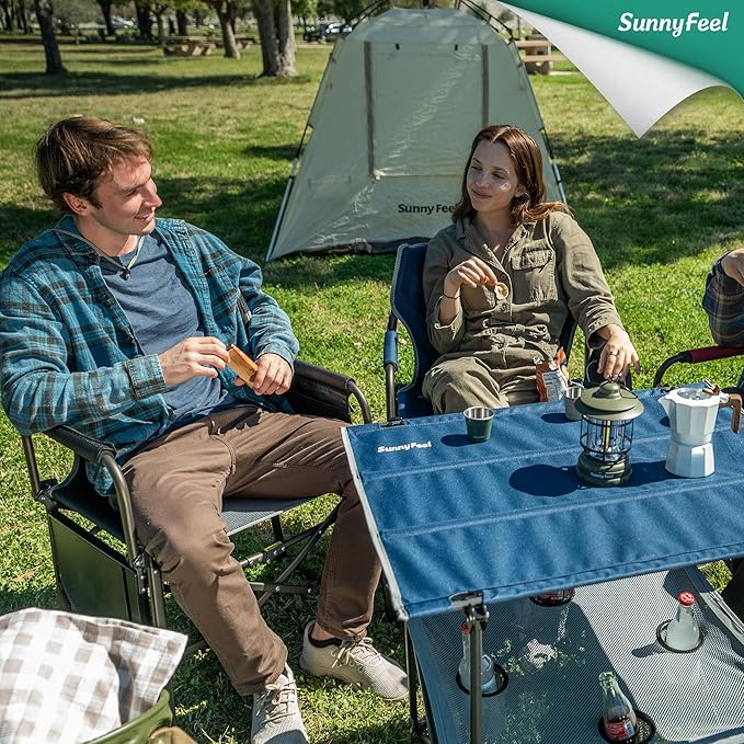 SUNNYFEEL Folding Camping Table- Collapsible Portable Beach Table with 4 Cup Holders &amp Carry Bags Tailgate Table for Outdoor Excursion Picnic Hiking Fishing Travel Parties Blue