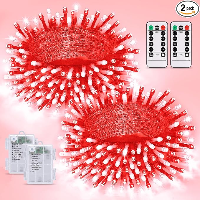JMEXSUSS 2 Pack Red and White Battery Christmas Lights Each 33ft 100 LED Battery Powered String Lights with Remote for Tree Patio Yard House Party Birthday Outside