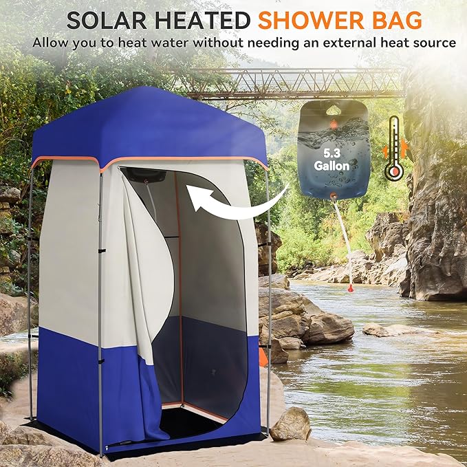 Outsunny Portable Shower Tent Privacy Shelter Camping Dressing Changing Tent Room with Solar Shower Bag Floor and Carrying Bag Blue