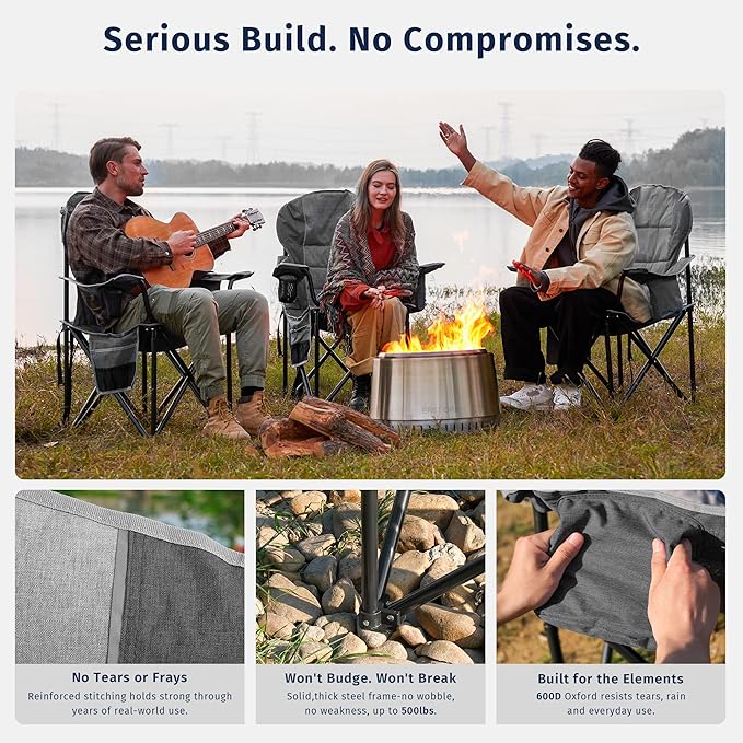 East Oak Oversized Camping Chair | Heavy Duty Camping Chairs | 500LBS Support 600D Oxford Cup Holder &amp Side Pocket | Ideal for Camping Beach Sports Events Backyard &amp Tailgating | Gray