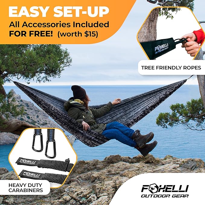 Foxelli Camping Hammock – Ultralight Hammock for Backpacking Hiking Festivals Travel - Easy Setup with Tree-Friendly Ropes &amp Steel Carabiners Heavy Duty Parachute Nylon