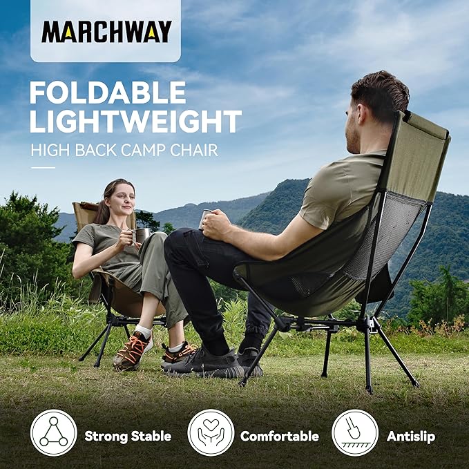MARCHWAY Lightweight Folding High Back Camping Chair with Head Support Stable Portable Compact for Outdoor Camp Travel Beach Picnic Festival Hiking Backpacking (Highback Green)