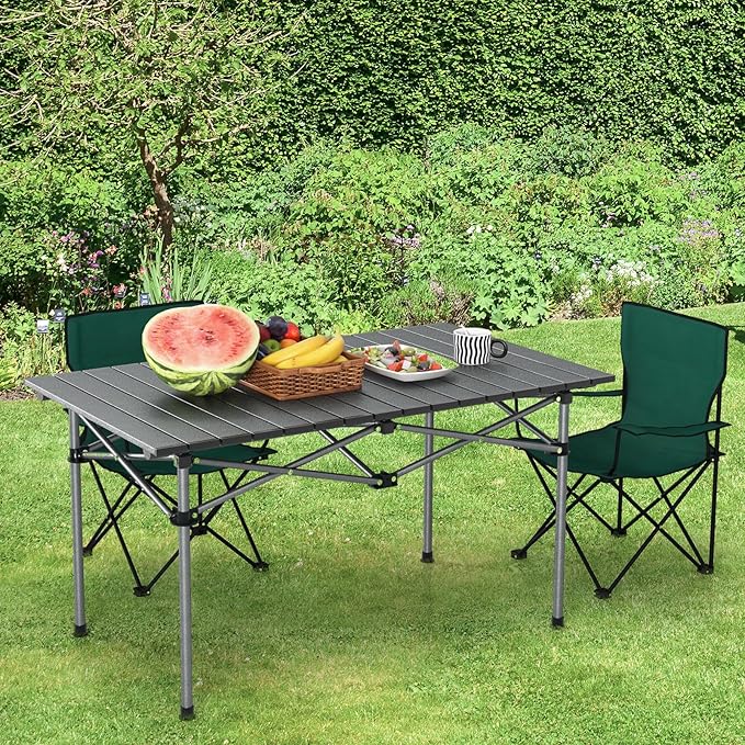 Tangkula Aluminum Folding Camping Table Lightweight Roll-up Camp Table for 4-6 People with Large Tabletop &amp Carry Bag Portable Picnic Table for Outdoor Camping Travel BBQ Party