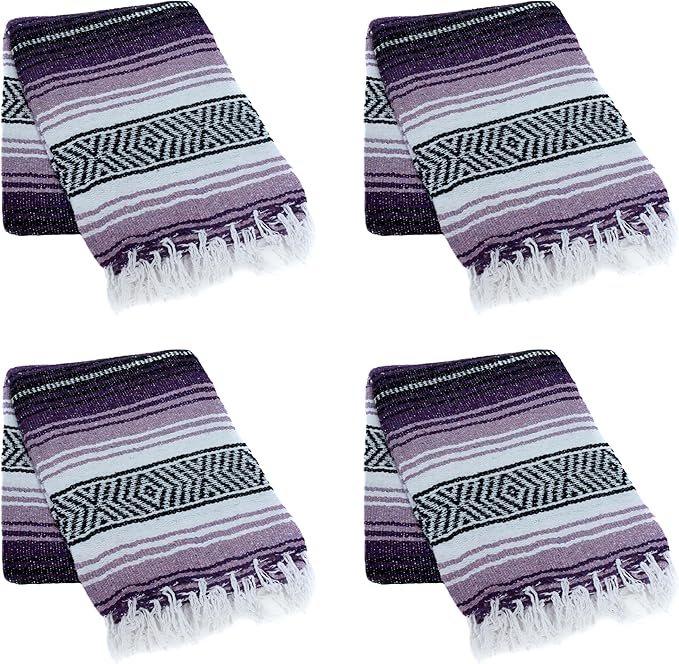 La Montana Mexican Blankets and Throws 4 Pack 74x50 - Made in Mexico Lightweight Yoga Blanket for Schools Studios Outdoors Camping Picnic Decor - Washable Dark Purple/Light Purple/White