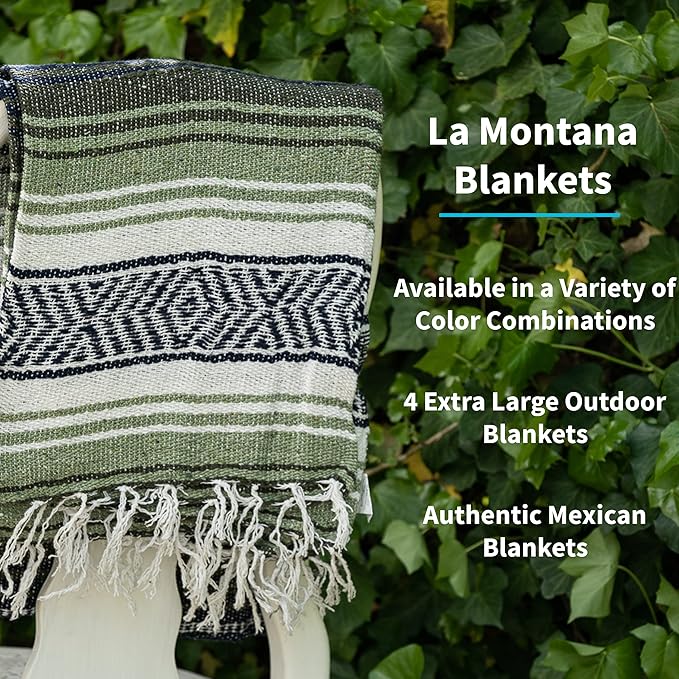 La Montana Mexican Blankets and Throws 4 Pk 74x50 - Made in Mexico Lightweight Yoga Blanket for Schools Studios Outdoors Camping Picnic Decor - Machine Washable Dark Olive/Light Olive/White