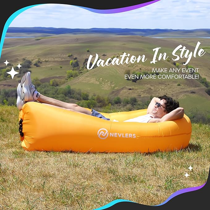 Nevlers Saffron Inflatable Lounger | 210T Polyester Inflatable Chair | No-Pump Inflatable Furniture | Camping Couch w/ 450lbs. Cap. Pockets &amp Matching Bag | Use as Inflatable Couch for Adults &am