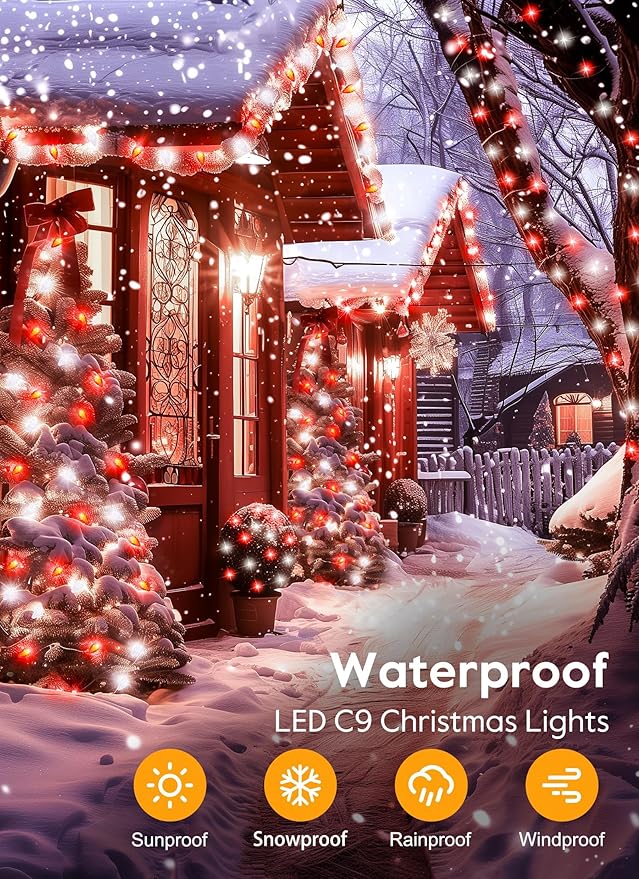 C9 Christmas Lights Outdoor Waterproof 114 Feet 150 LED C9 String Light with Timer &amp 8 Light Mode Connectable Christmas Tree Lights for House Outside Roofline Indoor Decoration Red &amp Pure W