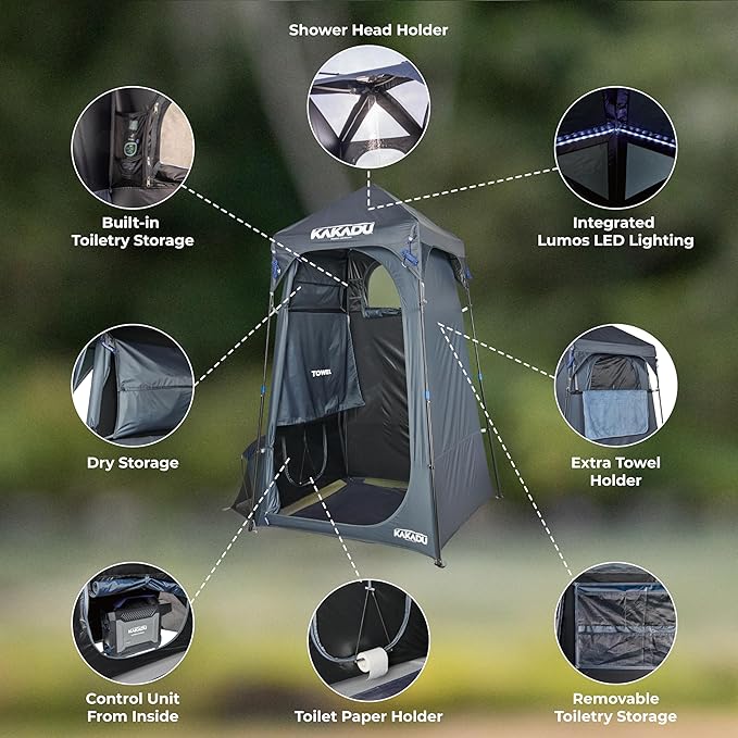 Kakadu Outback Shower Tent Portable Privacy Shelter Outdoor Camping Toilet Tent Changing Room Sturdy Easy Setup - with LED Light Carry Bag Towel Rod