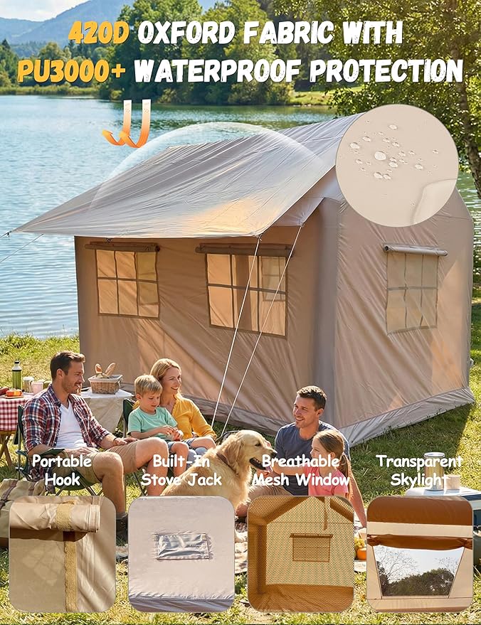 Inflatable Tents for Camping - 6 Person Blow Up Tent with Hand Pump &amp Awning Quick Setup Waterproof Oxford 4 Season Air Glamping Inflatable House for Camping Tent