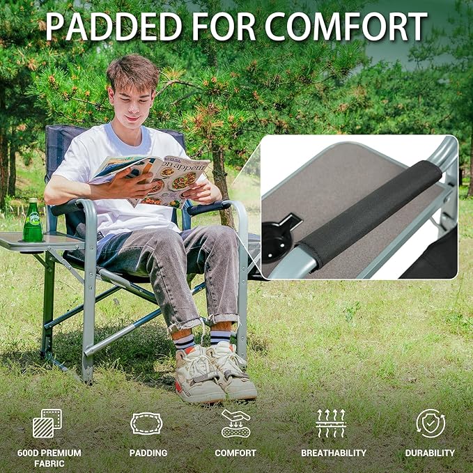 KingCamp XXL Oversized Directors Chair with Side Table Folding Camping Chairs Heavy Duty 600lbs with Cooler Bag Portable Camp Chair with Wide Seat for Hiking Fishing Lawn Outdoor and Sports