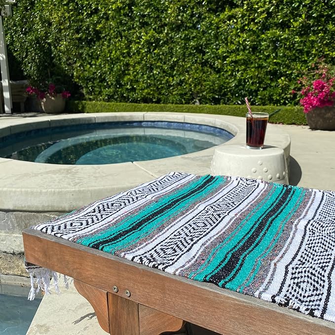 Del Mex Classic Mexican Blanket Large Authentic Woven Falsa Throw (70x50) Artisan Southwest Décor for Beach Yoga Outdoors (Teal)