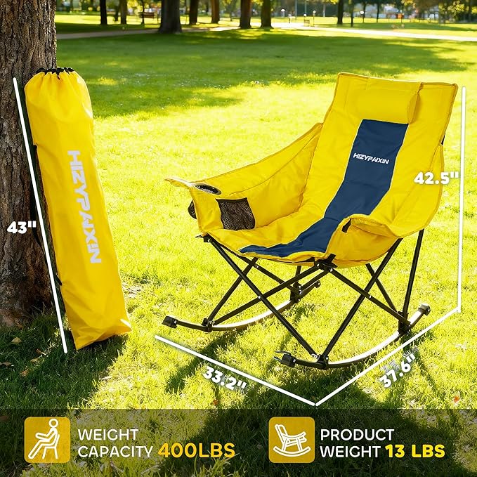 Oversized Rocking Camping Chair for Adults with Headrest Portable Rocking Chair with Cup Holder Side Pocket &amp Carry Bag 400 lbs Heavy Duty Outdoor Rocker Chair for Camp Patio Yellow
